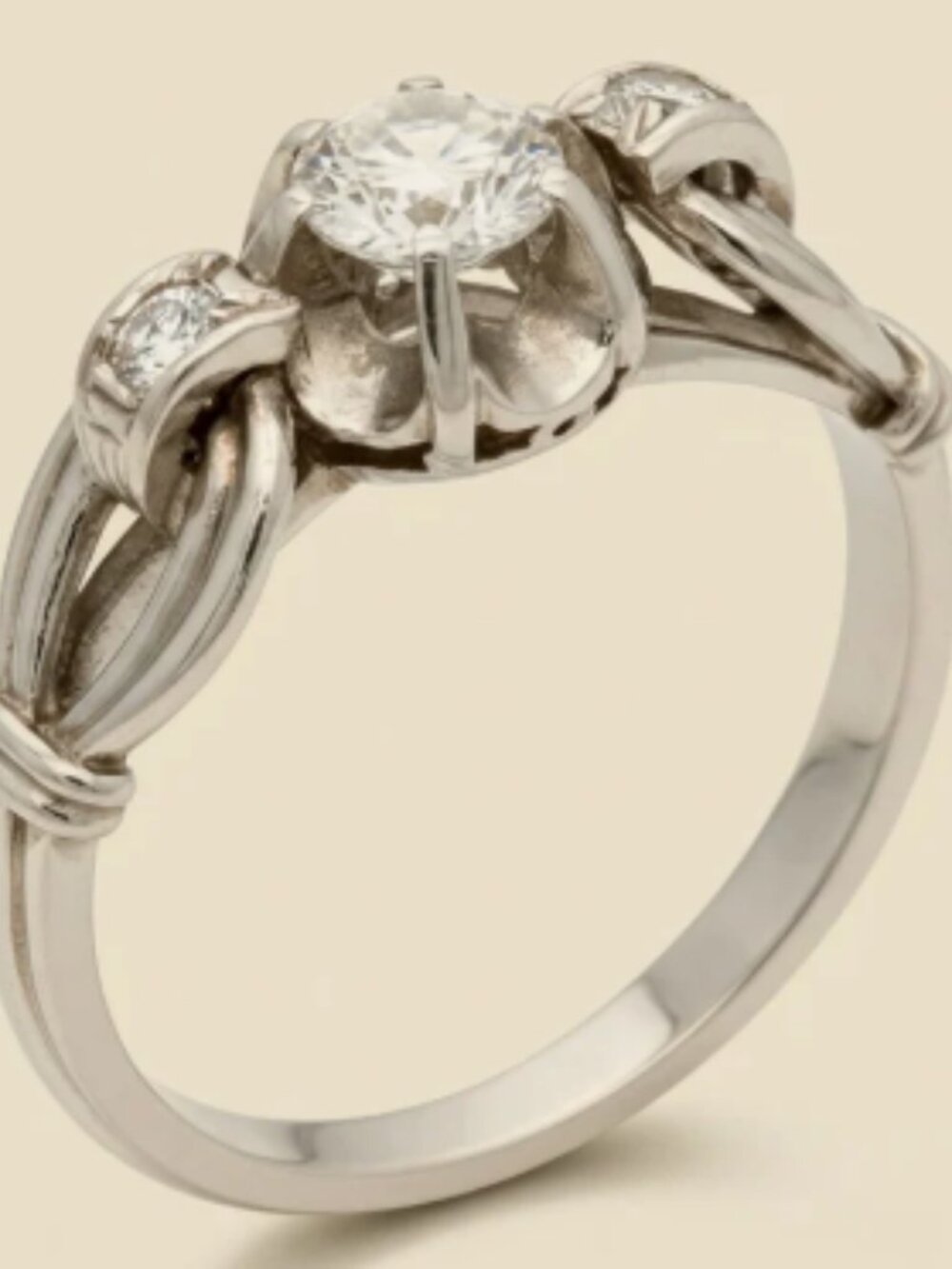 Platinum Art Deco 3-Stone Love Knot Bridal Wedding Registry Engagement Ring